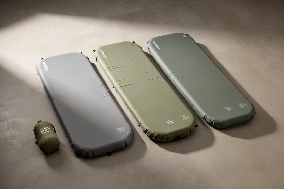 Three inflatable backpacking sleeping pads laid in a row on a concrete floor