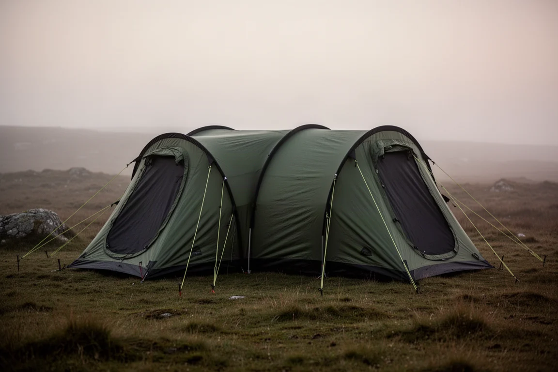 Nent Li One four-season tunnel tent pitched on a grassy moorland campsite at dusk