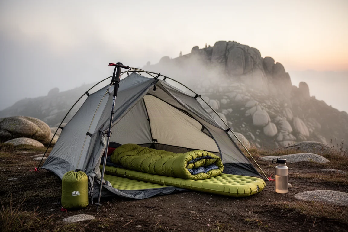 Ultralight backpacking campsite at dawn with a sleeping pad inside a trekking pole tent
