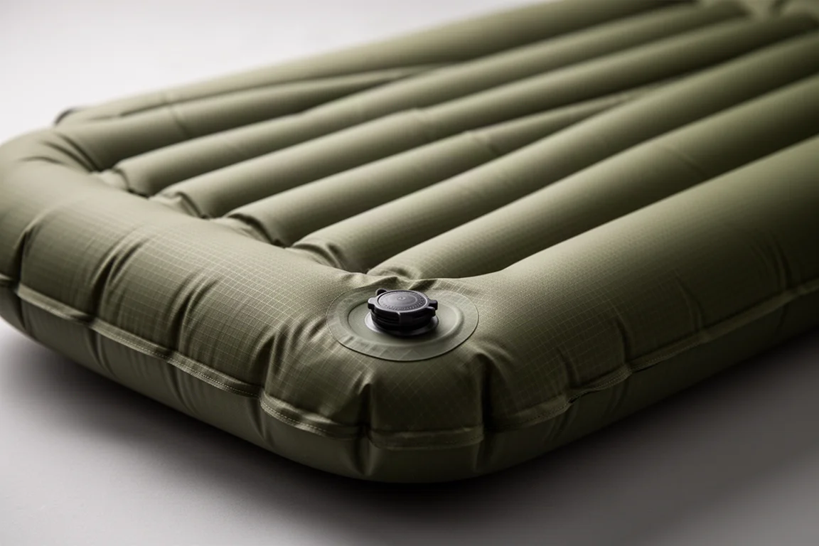 Close-up of horizontal baffles and an inflation valve on an inflated sleeping pad