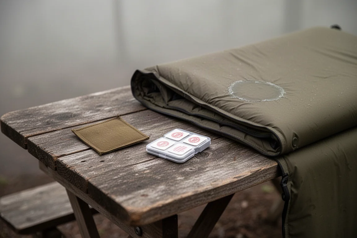 Sleeping pad patch kit and repair patch laid out on a weathered wooden camp table