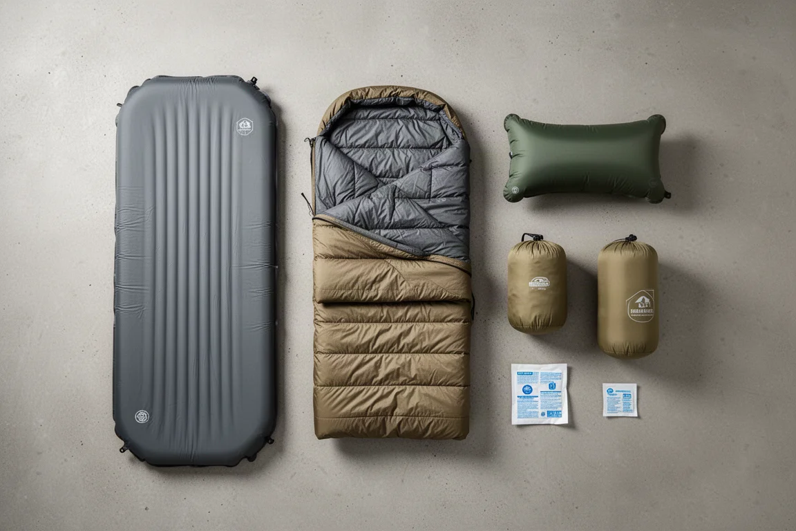 Overhead flat lay of an ultralight backpacking sleep system on concrete