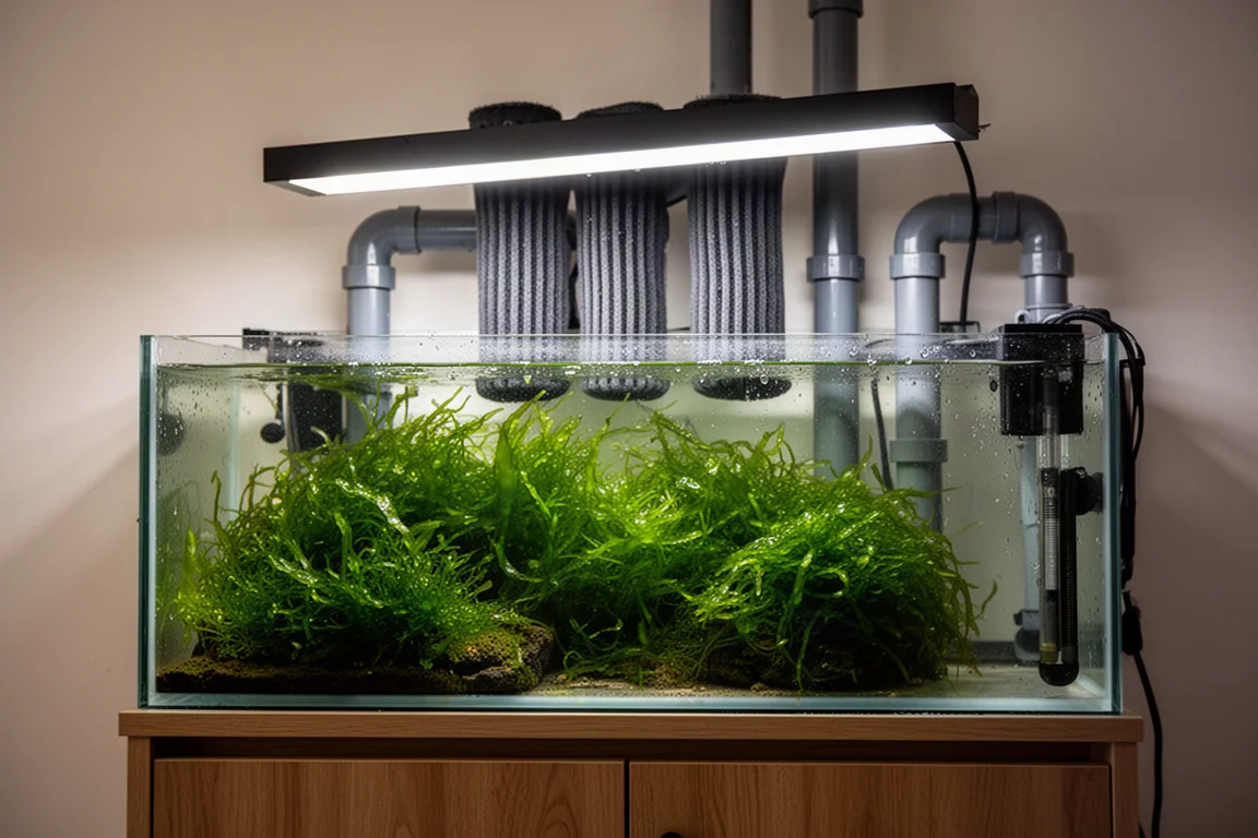 Macroalgas verdes em um refúgio de sump iluminadas por uma luminária LED de painel plano e perfil fino