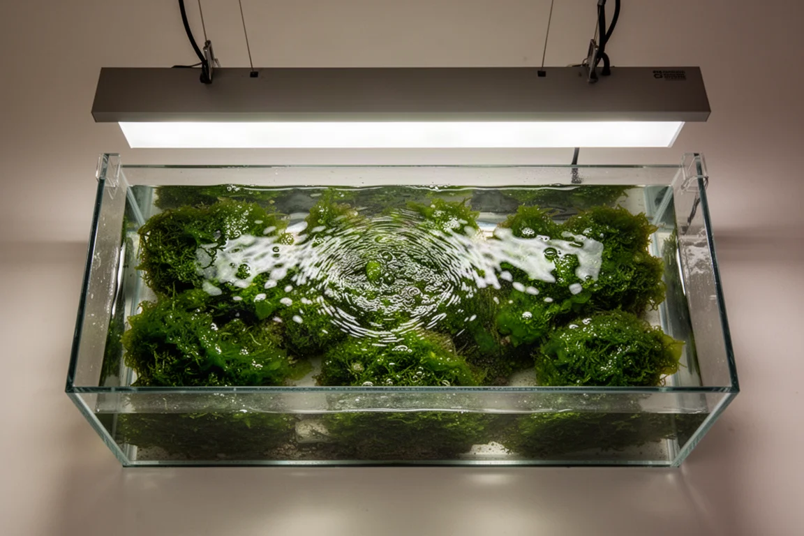 LED de painel plano largo projetando luz uniforme sobre macroalgas em um refúgio