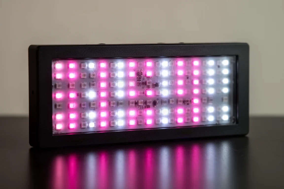 Close-up de um conjunto de LEDs de painel plano brilhando em magenta e branco