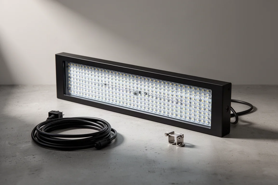 Smal plattpanels akvarie-refugiumbelysning med LED-array och monteringsklämma på betong