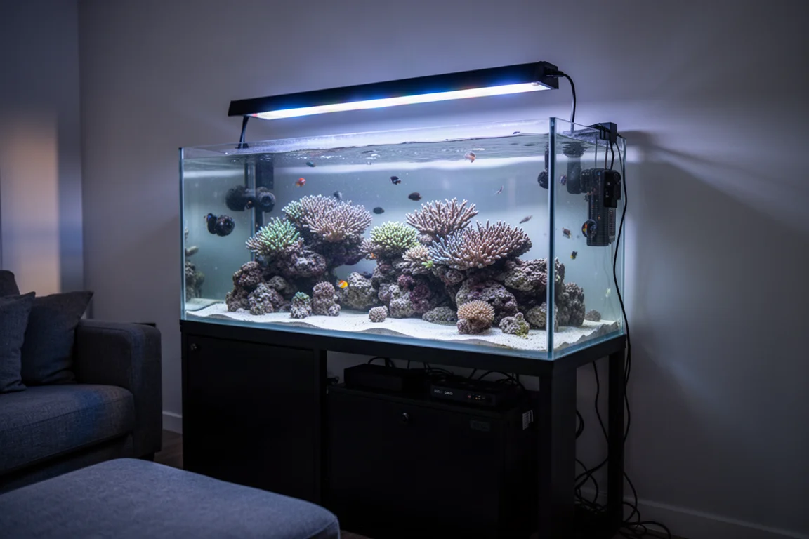 Aquário de recife com iluminação suave em uma sala ao anoitecer, com um gabinete de equipamentos abaixo