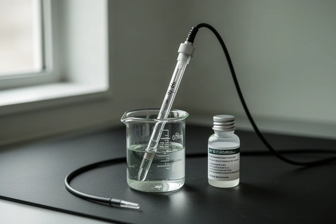 Sonda de pH de vidro apoiada em um béquer com solução de calibração transparente sobre uma superfície escura