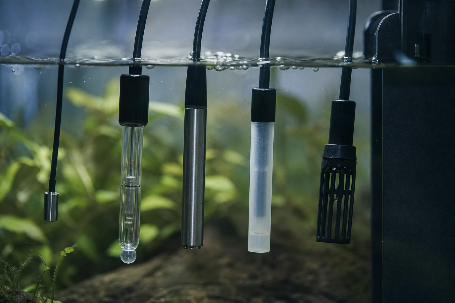 Akvariemätprober och sensorer i akvarievattnet