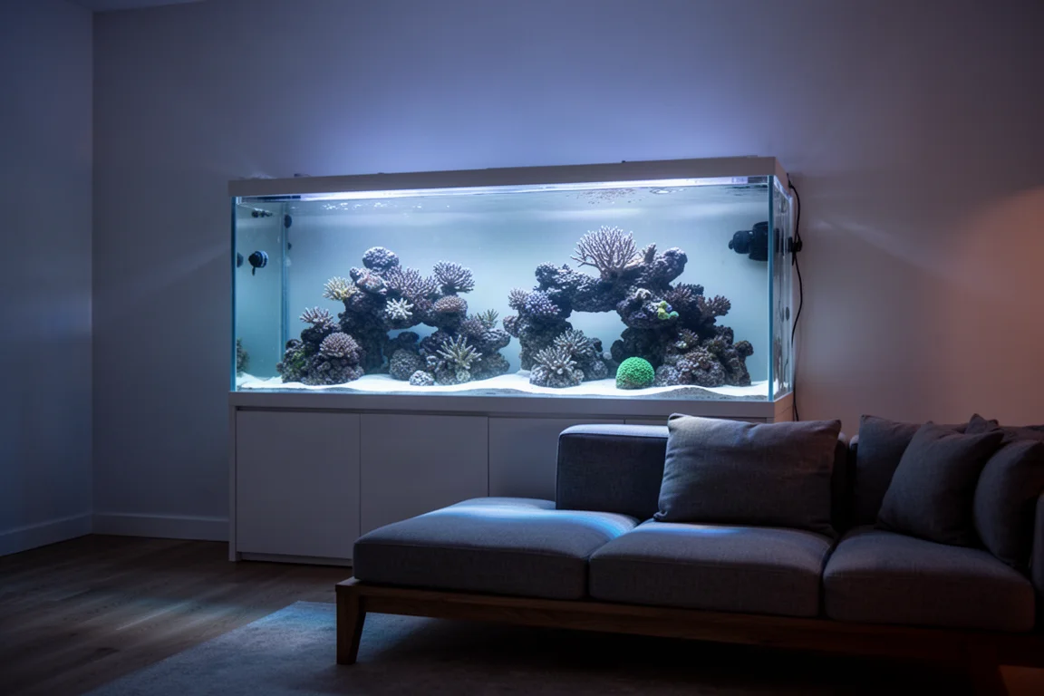 Aquarium récifal dans un salon, lumière douce du jour sur la surface de l'eau