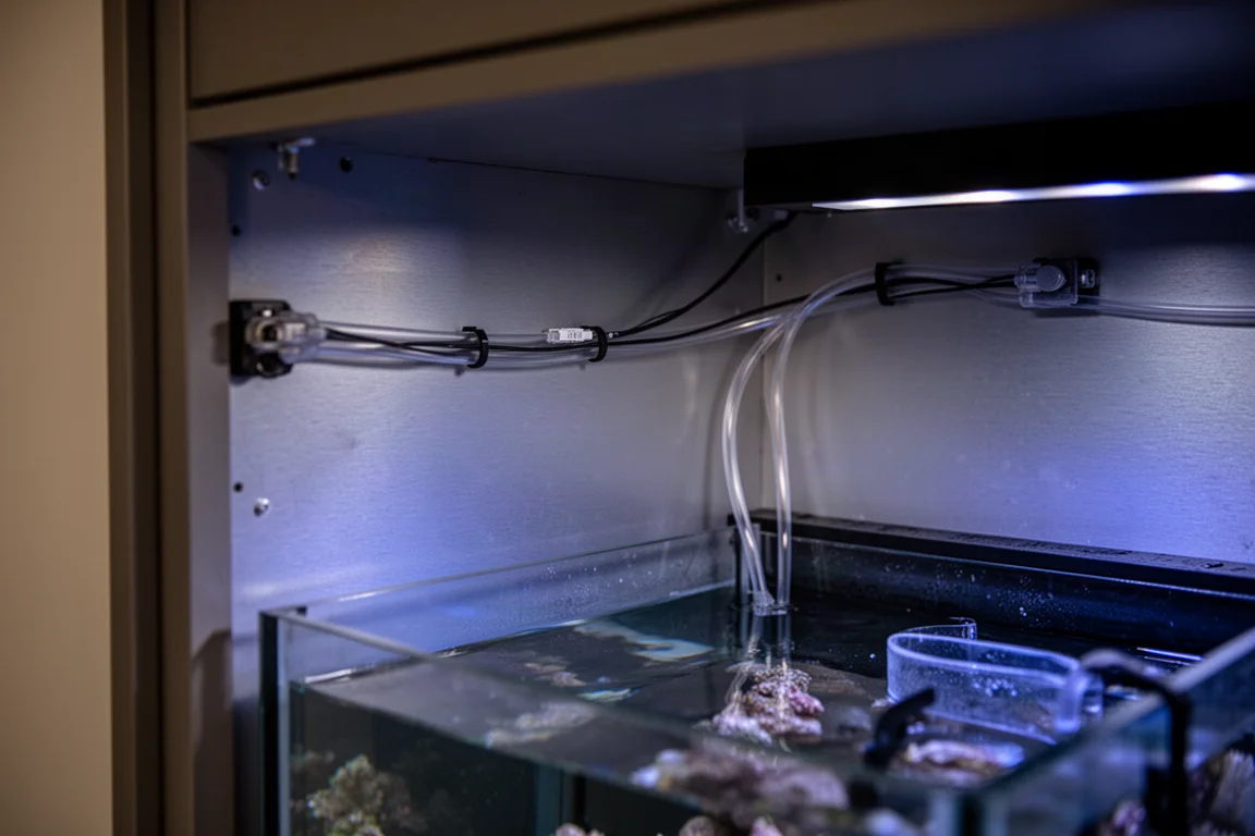 Vue plongeante d'une décantation d'aquarium avec tuyaux, pompe et supports de sondes magnétiques