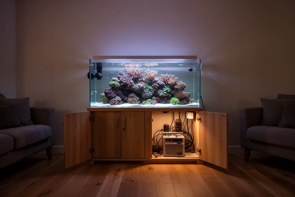 Revakvarium som lyser i ett dunkelt vardagsrum med ett öppet utrustningsskåp bredvid