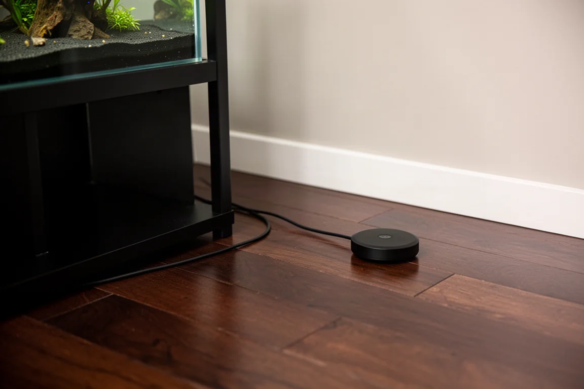 Platt skivsensor på ett mörkt trägolv bredvid ett akvarieställ med en tunn kabel