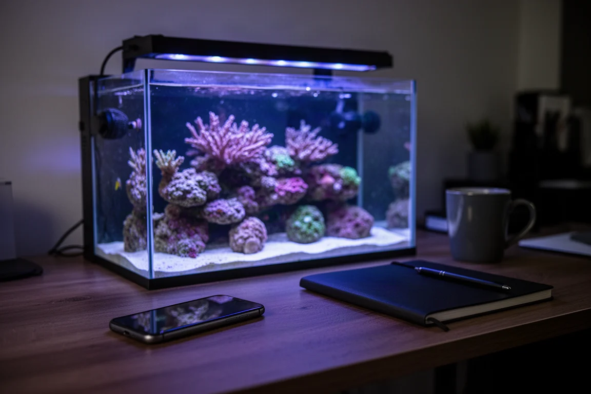 Revakvarium som lyser i ett mörkt hemmakontor med en smarttelefon med framsidan nedåt på ett skrivbord