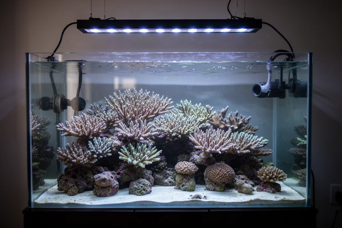 Riffaquarium, das in einem dunklen Raum unter LED-Beleuchtung leuchtet