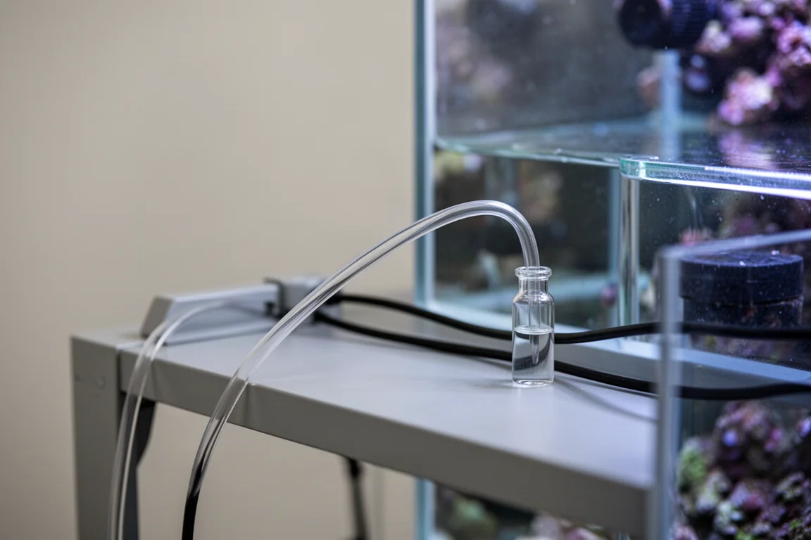 Clear and black sample tubing running into a test vial beside a reef aquarium sump