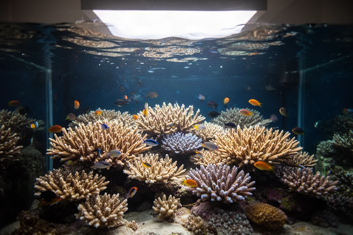 Overhead view of a brightly lit reef aquarium filled with branching stony corals