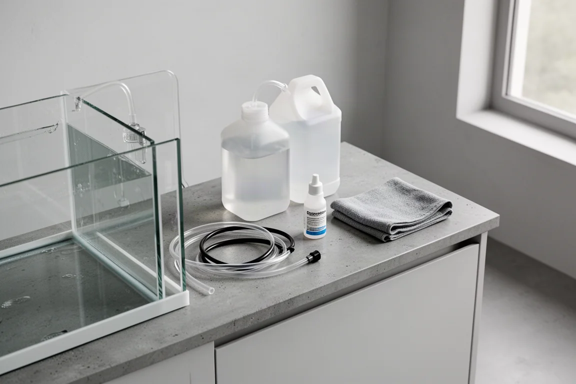 Reef keeping workbench with tubing, a water jug, and hand tools beside an aquarium cabinet