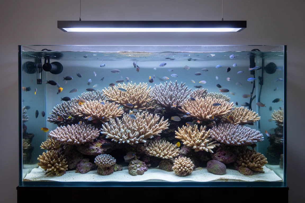Mixed reef aquarium with branching stony corals and small fish under steady lighting