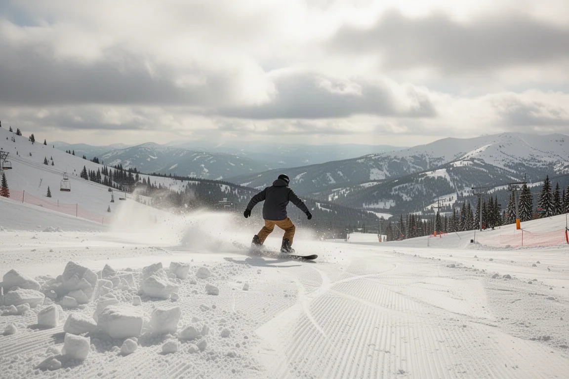 Snowboarder carving through chopped mixed snow on a sunny resort run