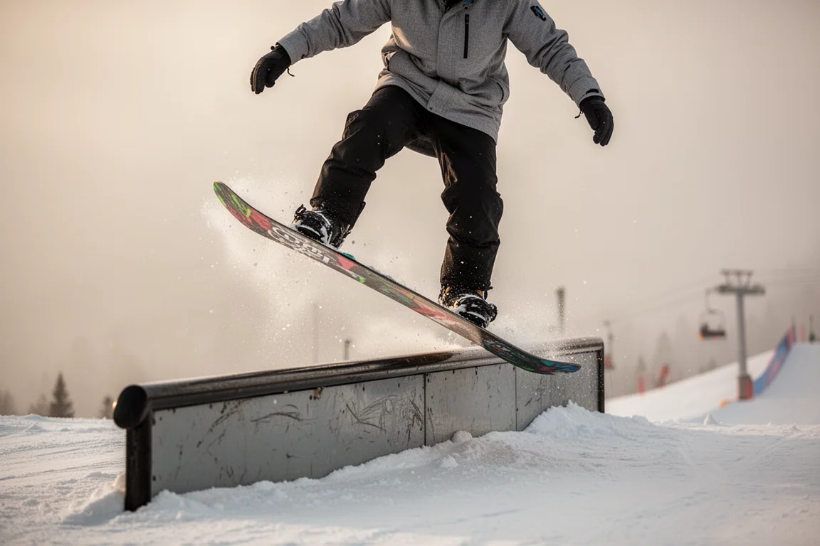 Snowboarder pressing on a rail feature with the board's tip engaged