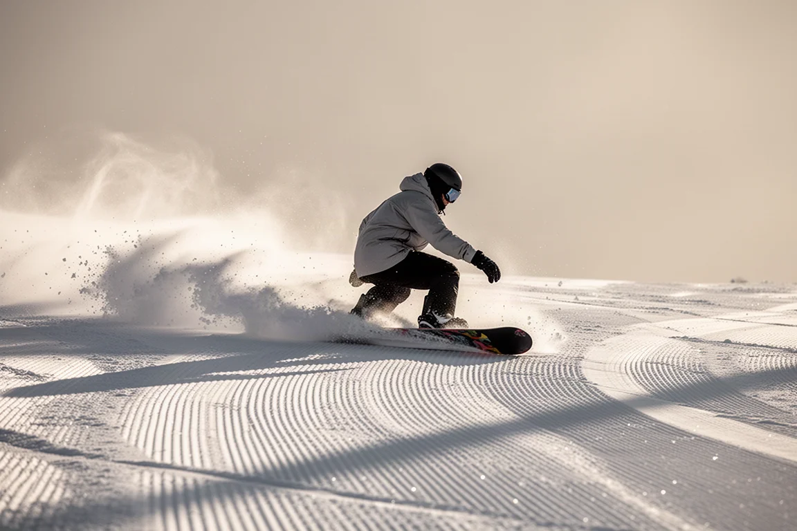 Snowboarder laying a deep carve into fresh corduroy groomer snow
