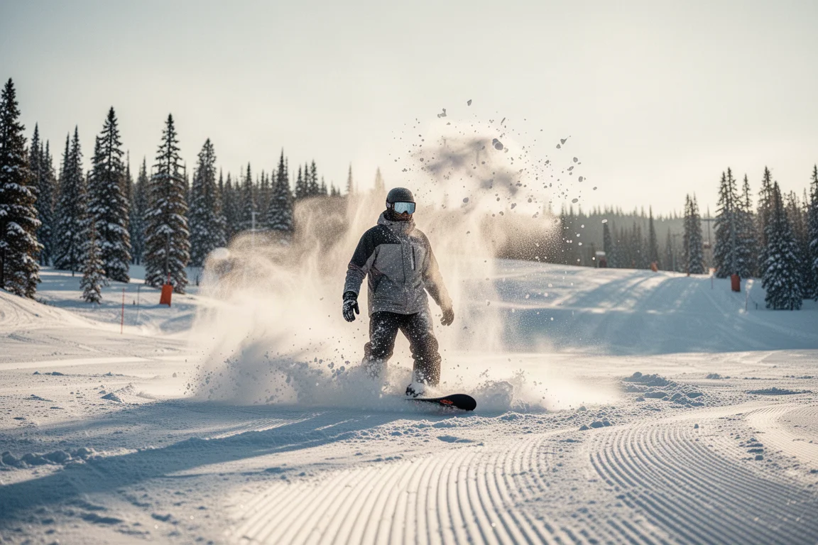 Snowboarder steht in frischem Pulverschnee auf einem sonnigen Pistenhang