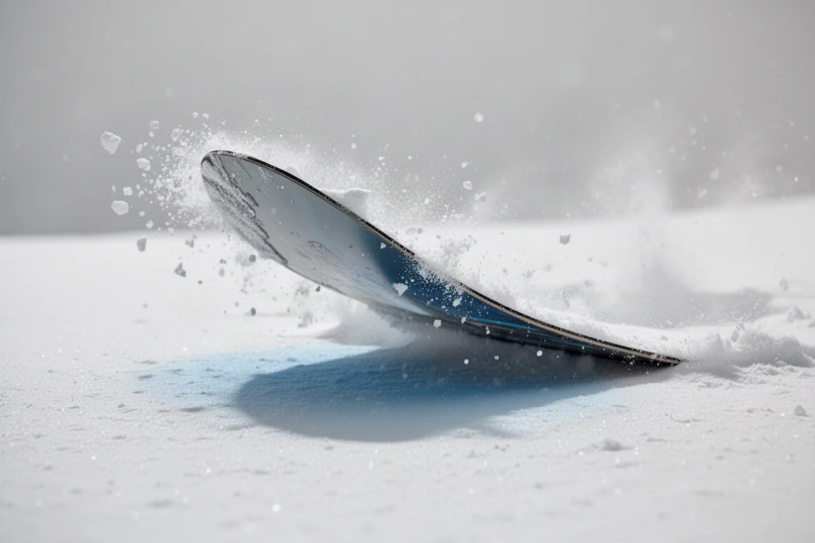 Nahaufnahme einer Snowboard-Nose, die sich im Tiefschnee nach oben biegt