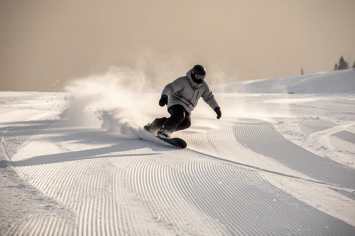 Snowboarder zieht eine harte geschnittene Kurve auf einer präparierten Piste