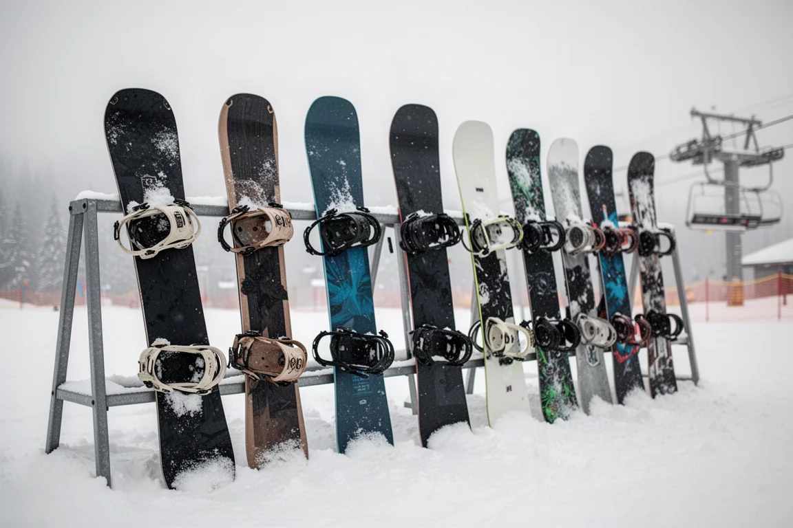 Reihe von Directional-Snowboards steht in einem schneebedeckten Resort-Gestell