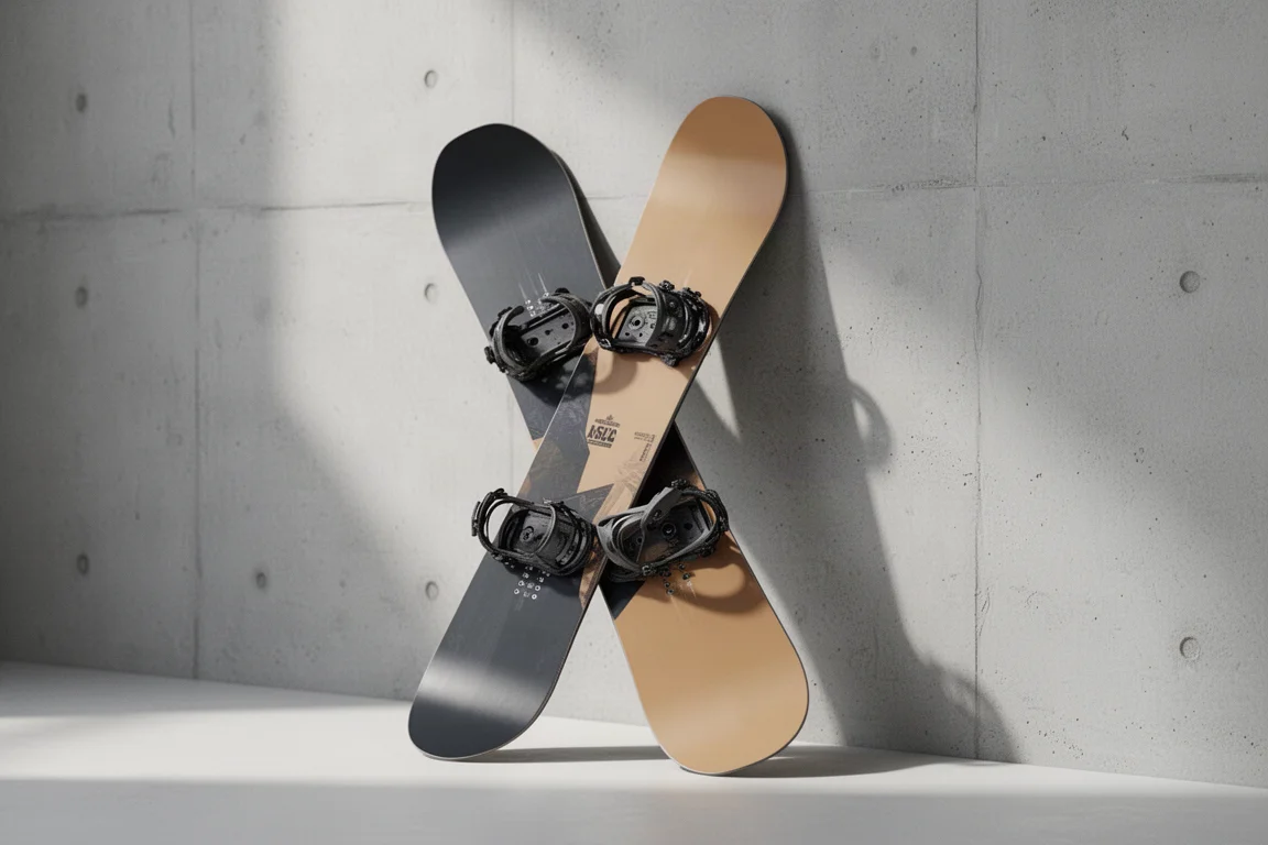 Directional snowboard with a tapered powder shape leaning against a concrete wall