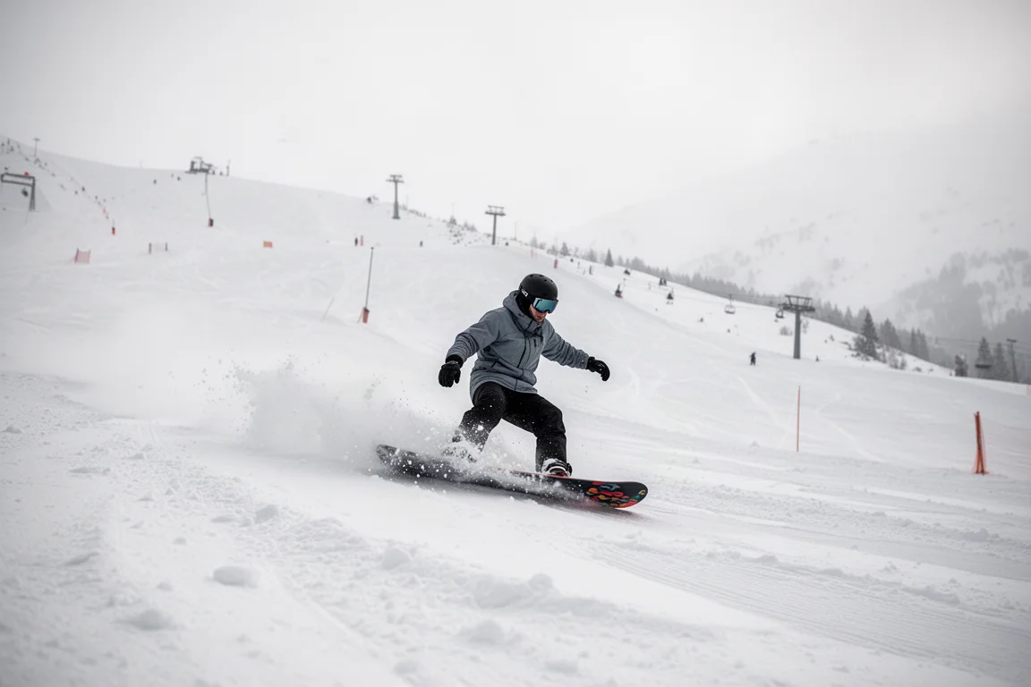 Snowboarder carving through chopped mid-season snow under overcast skies