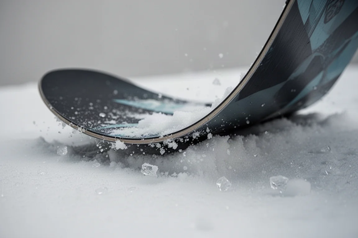 Snowboard tail loaded with camber engaged against packed snow
