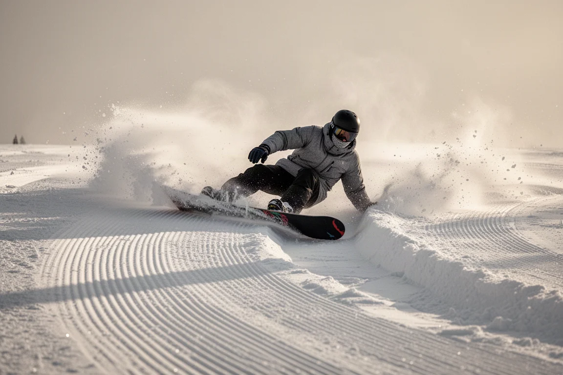 Snowboarder laying a deep carve on a corduroy groomer