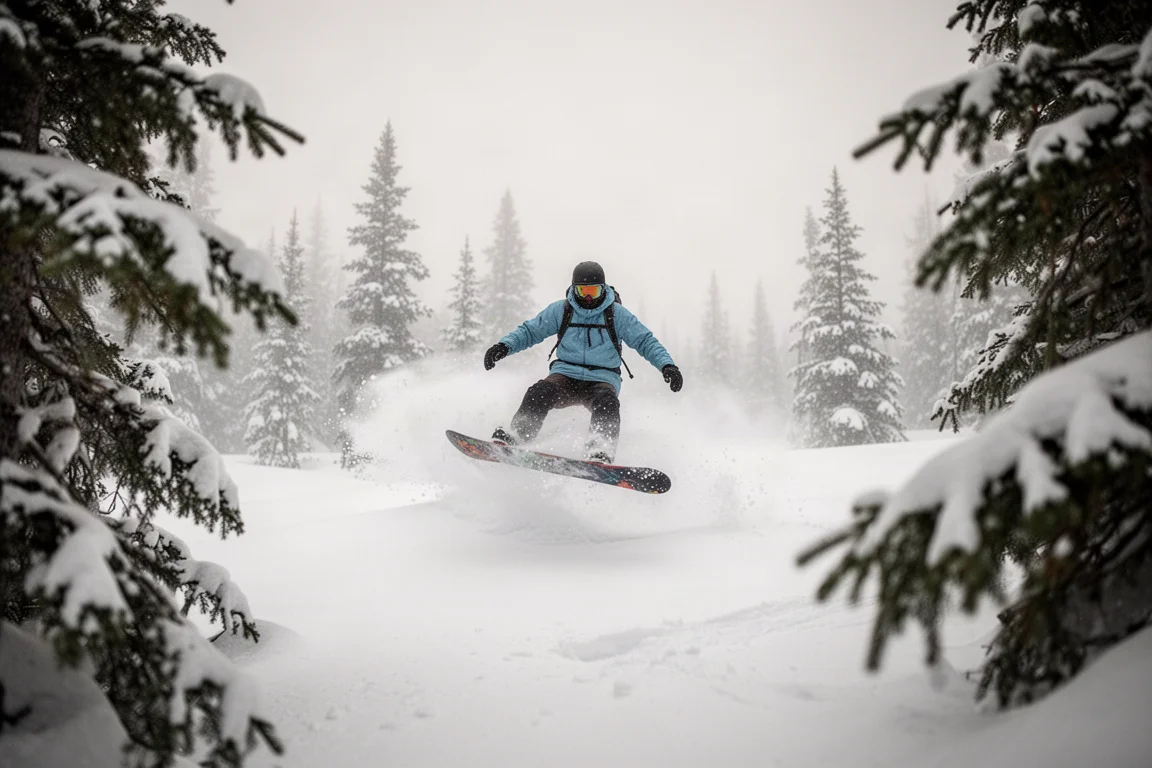 Snowboarder floating through fresh powder between trees