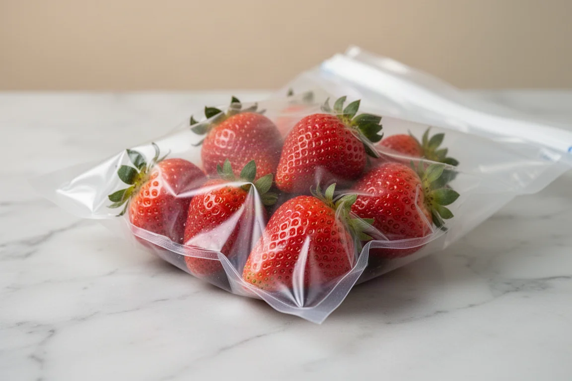 Zarte Erdbeeren in einem durchsichtigen Vakuumierbeutel