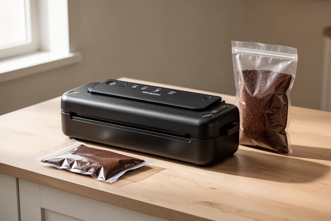 Compact matte black vacuum sealer on a wooden kitchen counter beside a sealed bag of coffee