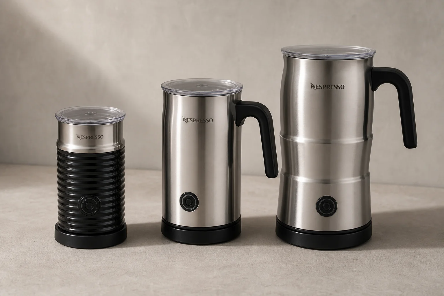 Tre Nespresso-mjölkskummare i ökande storlekar på en betongyta