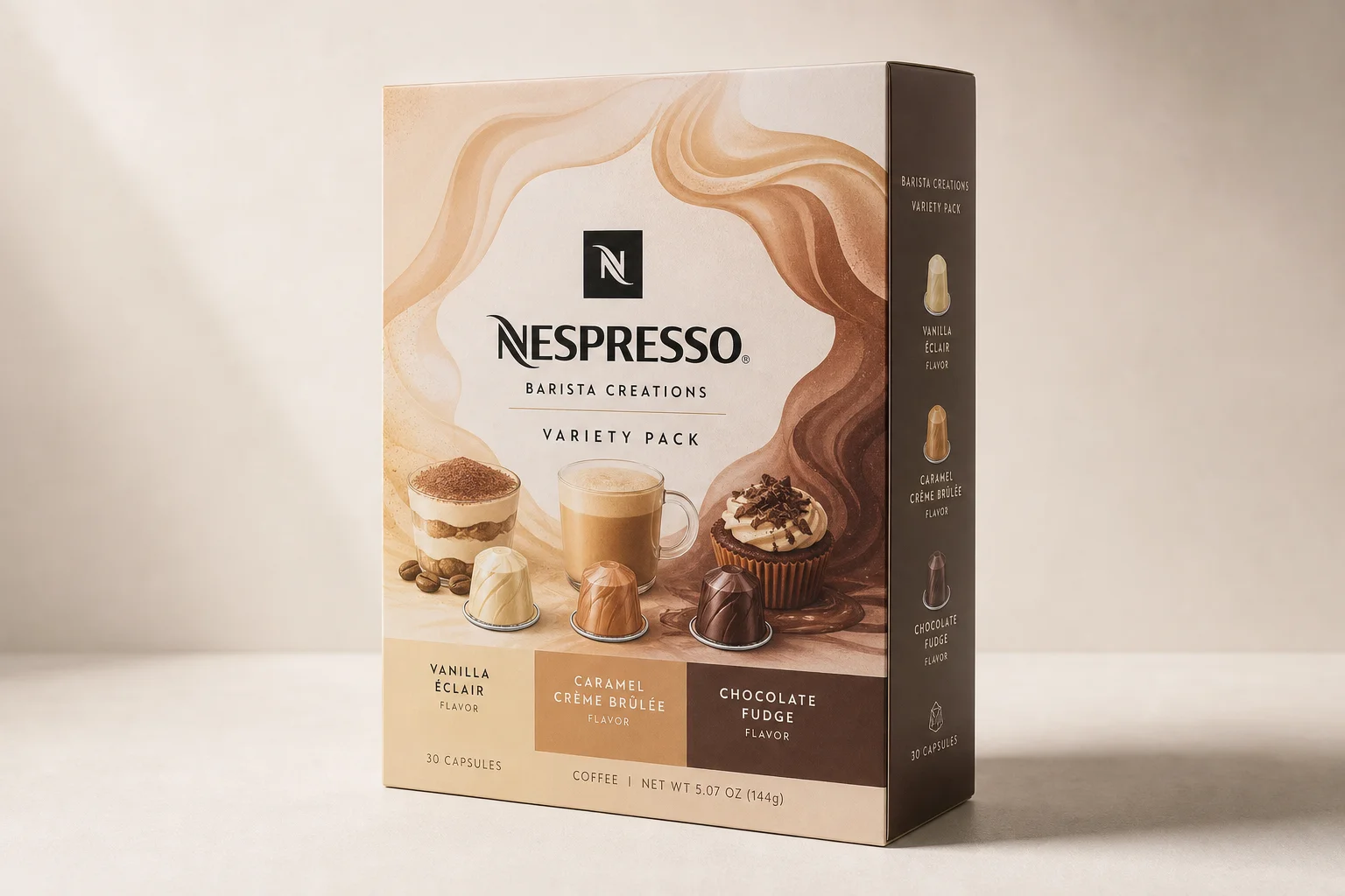 Cinco paquetes variados de cápsulas Nespresso exhibidos sobre una superficie de mármol