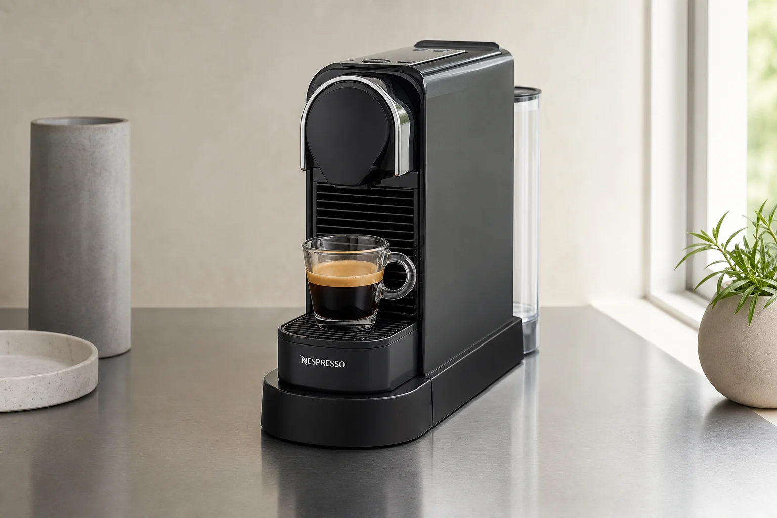 Sieben Nespresso Maschinen, die nach Größe und Preis von links nach rechts auf einer Betonoberfläche angeordnet sind