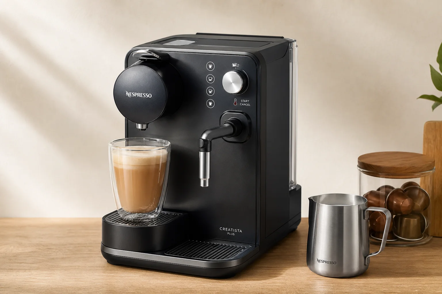Sieben Nespresso Maschinen, sortiert nach Größe und Preis von links nach rechts auf einer Betonoberfläche