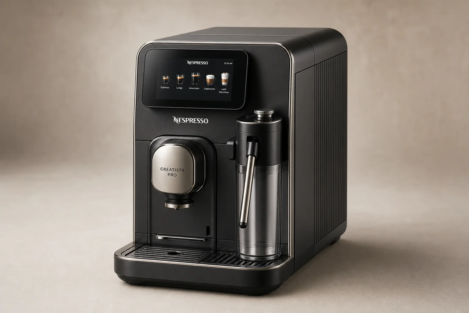 Sieben Nespresso Maschinen, sortiert nach Größe und Preis von links nach rechts auf einer Betonoberfläche
