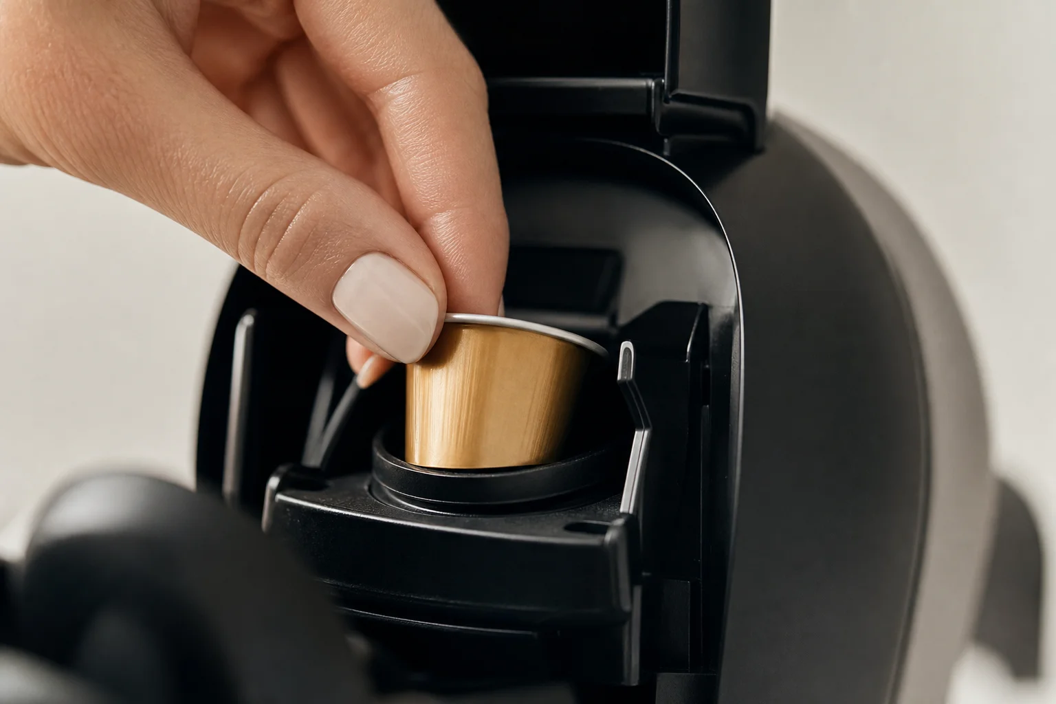 Close-up of Nespresso capsule being inserted into machine chamber