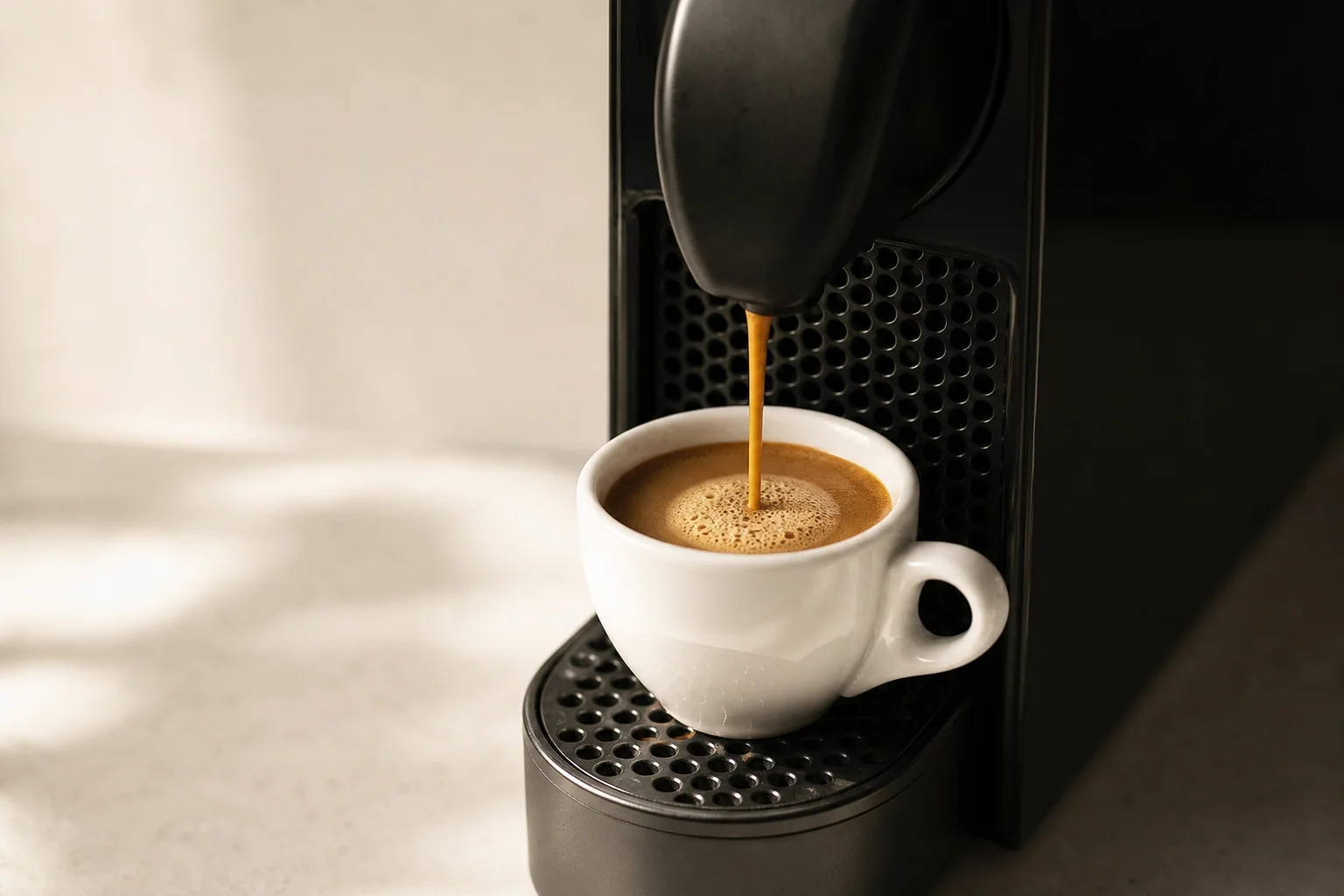 Espresso with rich crema being extracted into white ceramic cup