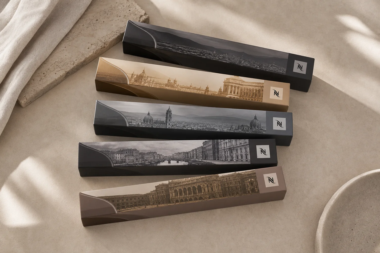 Nespresso Ispirazione Italiana capsule sleeves arranged on neutral surface