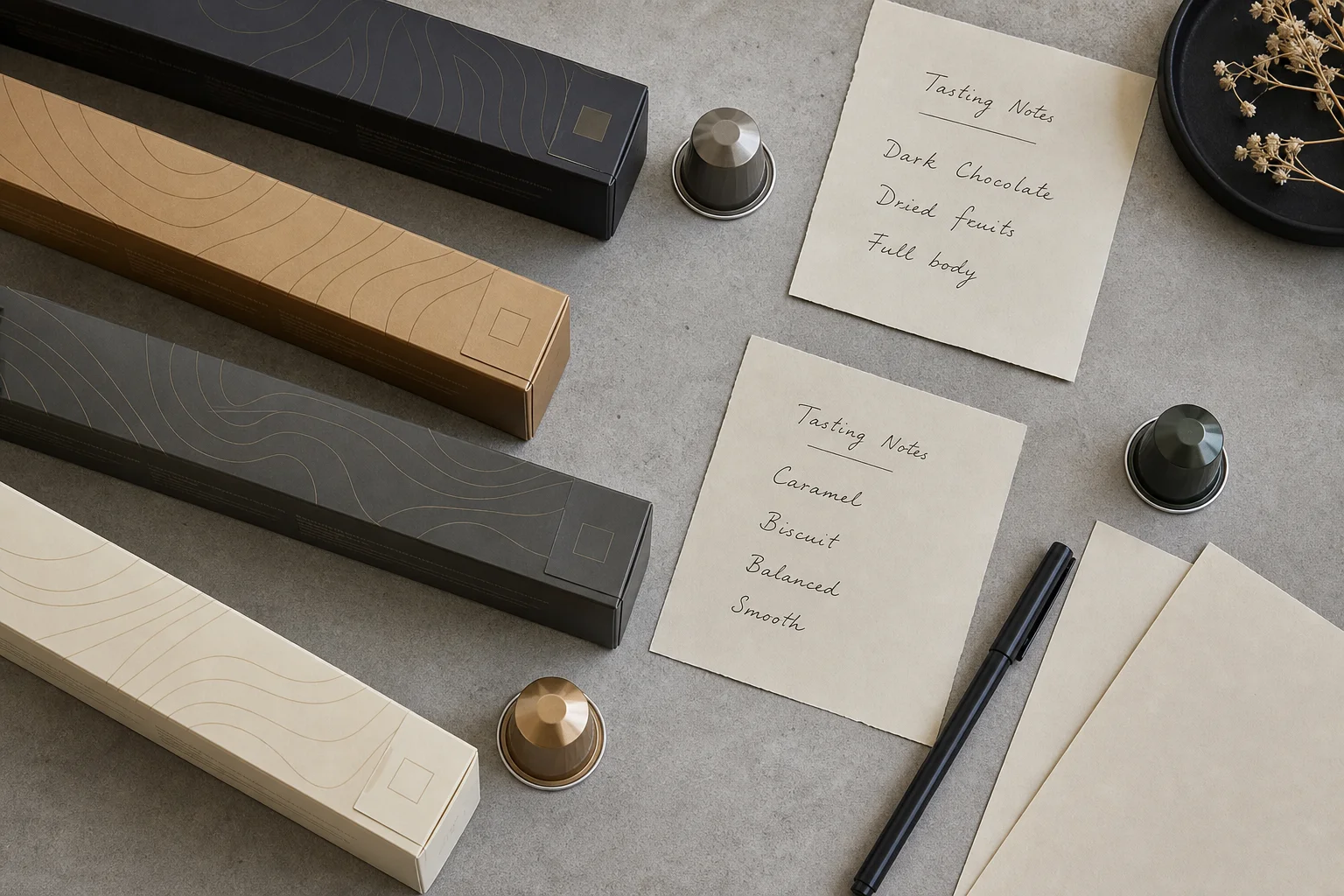 Nespresso capsule sleeves with tasting notes on concrete surface
