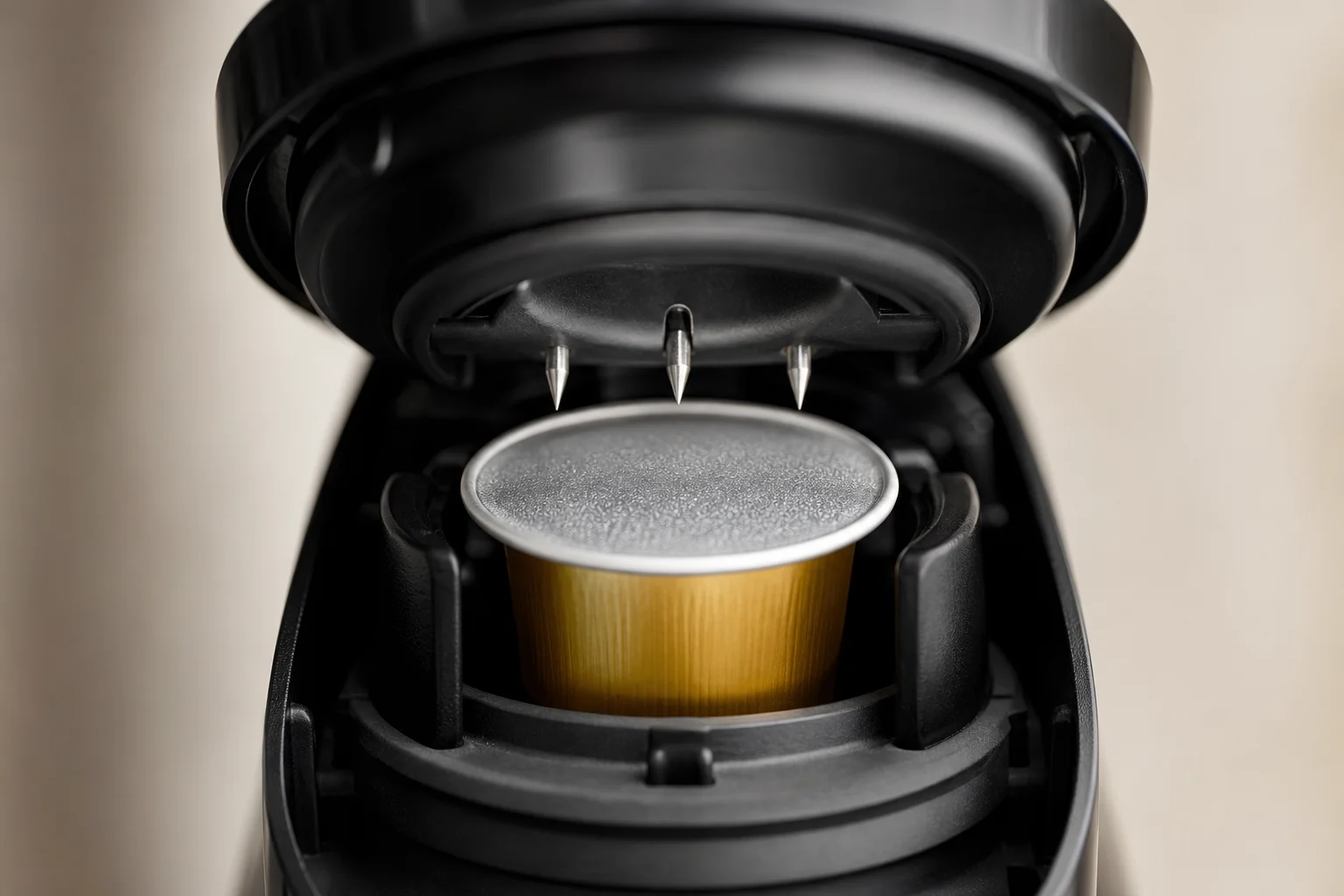 Close-up of capsule piercing mechanism showing three puncture points and foil seal