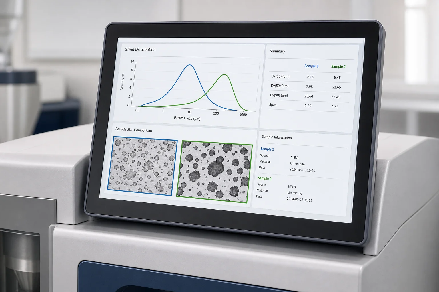 Particle size analyzer display showing coffee grind distribution comparison