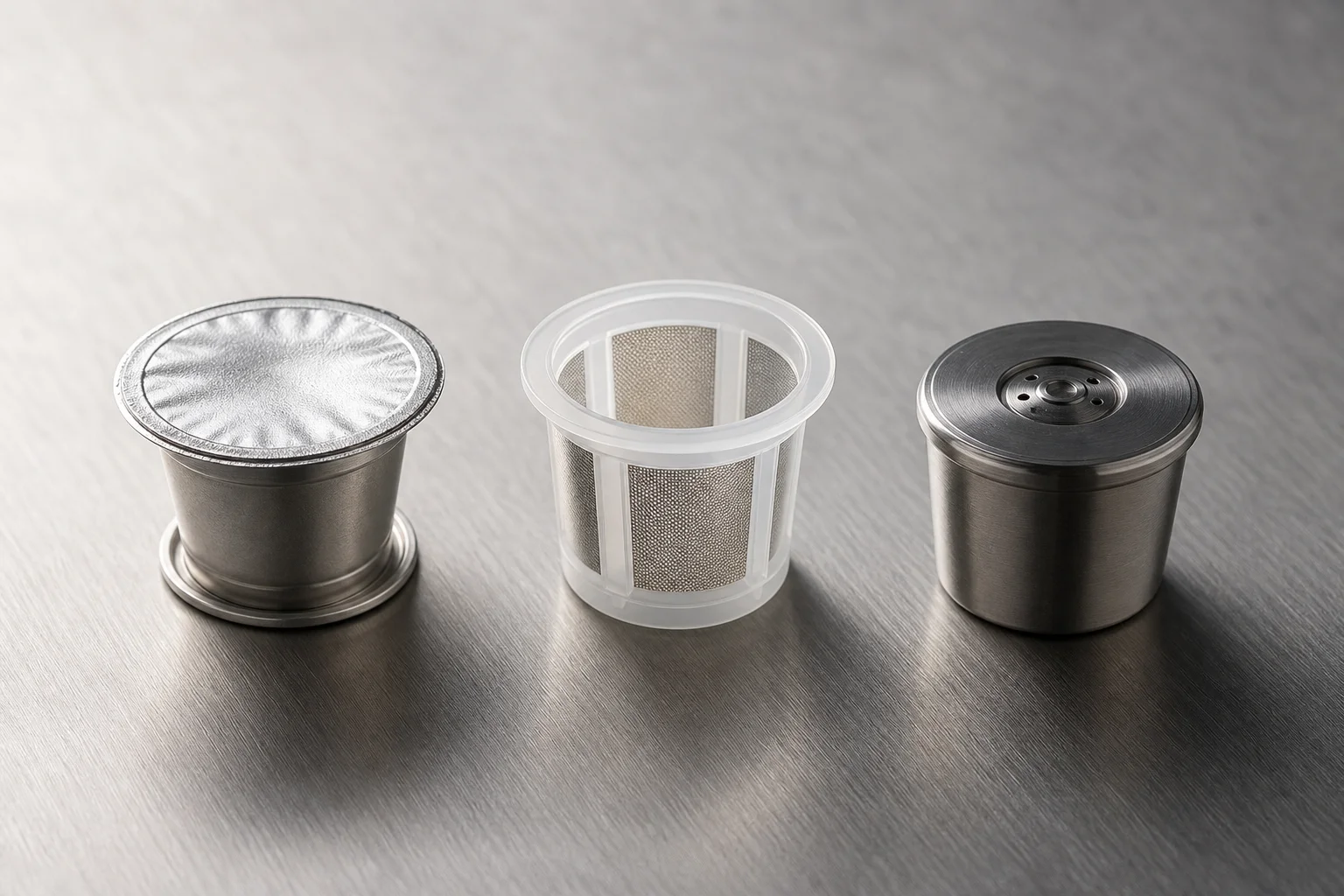 Three reusable Nespresso capsule designs arranged on a neutral surface