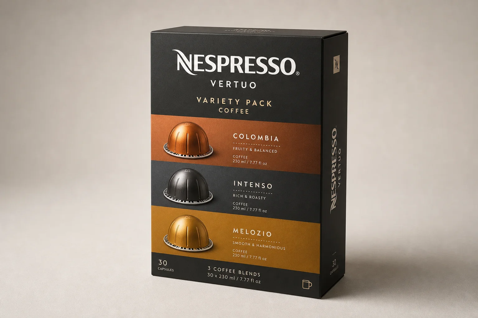 Cinco paquetes de variedades de cápsulas Nespresso exhibidos sobre una superficie de mármol
